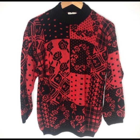 VTG Separate Issue 80s Red & Black Acrylic patchwork grunge turtleneck Sweater - Picture 1 of 3